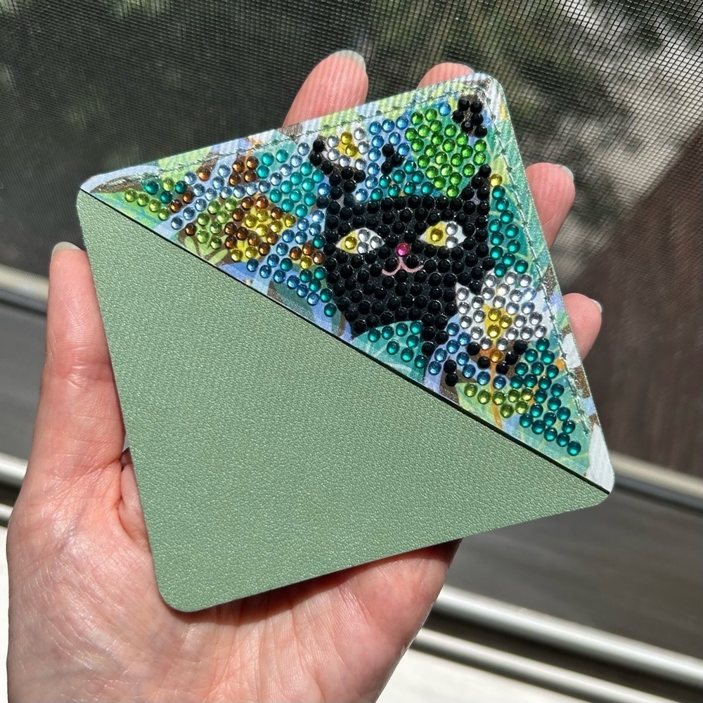 BLACK CAT 02 Diamond Art Corner Bookmark, Colorful, Bling, Green, Handcrafted